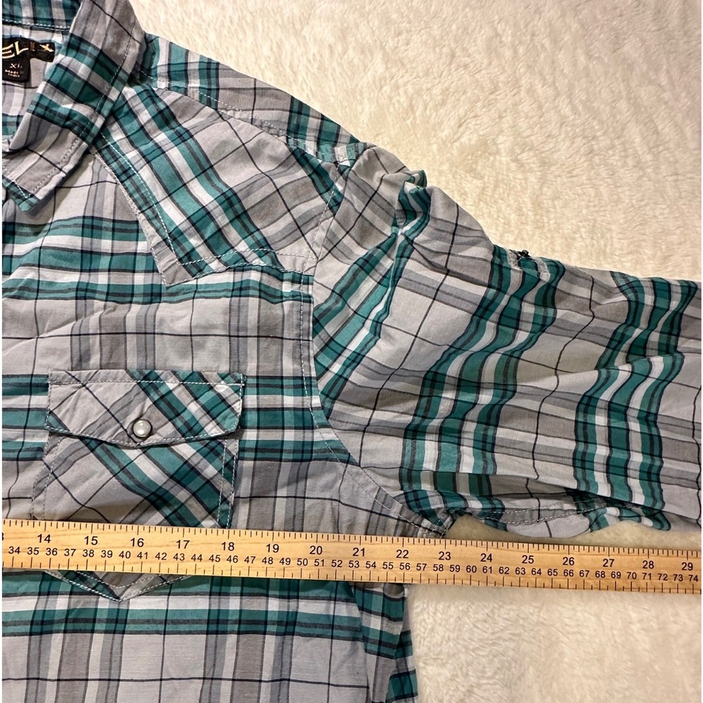 Helix Mens XL Teal Grey Plaid Western Pearl Snap Roll Tab Long Sleeve Shirt - Picture 5 of 9